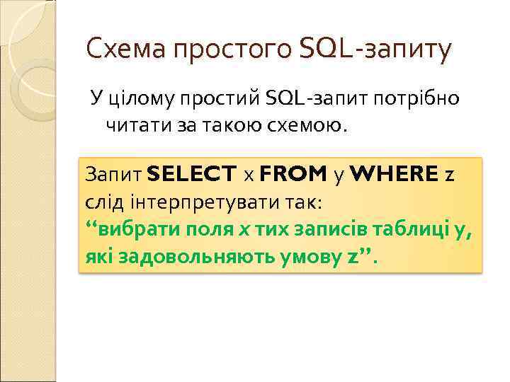 Схема простого SQL-запиту У цілому простий SQL-запит потрібно читати за такою схемою. Запит SELECT