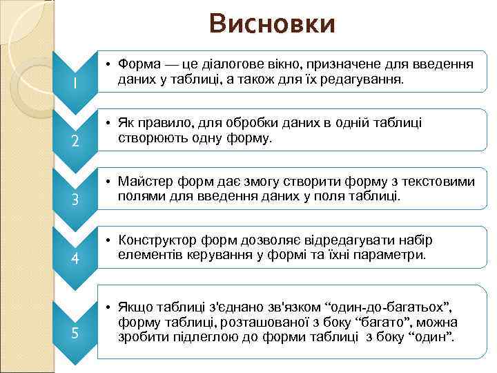 Висновки 1 • Форма — це діалогове вікно, призначене для введення даних у таблиці,