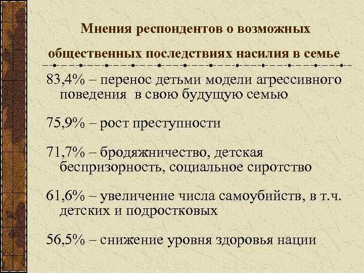 Мнения респондентов о возможных общественных последствиях насилия в семье 83, 4% – перенос детьми