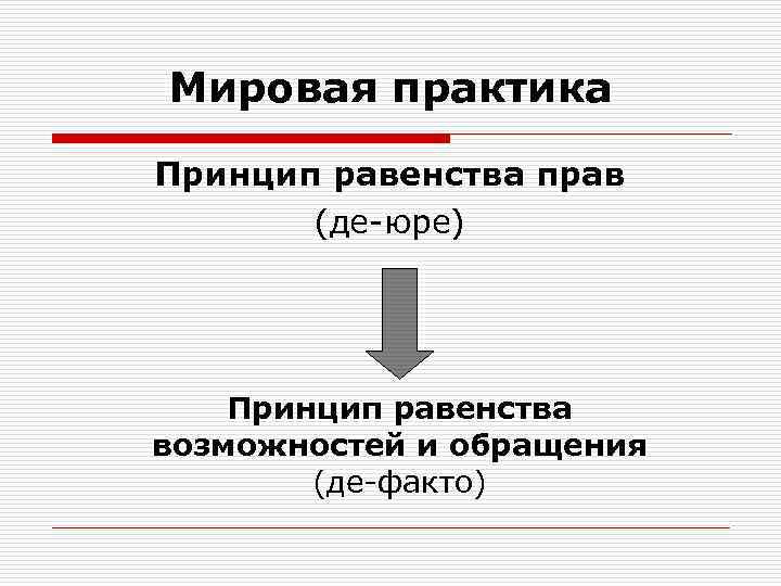 Мировая практика Принцип равенства прав (де-юре) Принцип равенства возможностей и обращения (де-факто) 