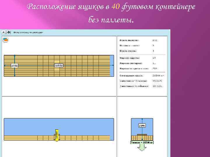 Расположение ящиков в 40 футовом контейнере без паллеты. 