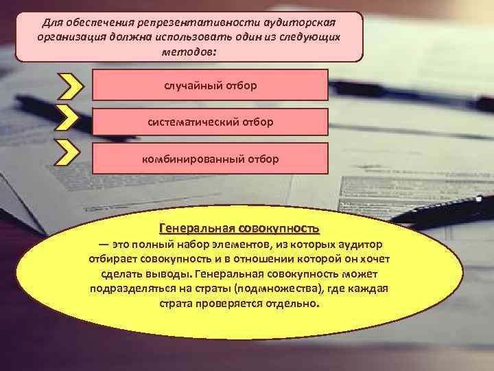 Для обеспечения репрезентативности аудиторская организация должна использовать один из следующих методов: случайный отбор систематический