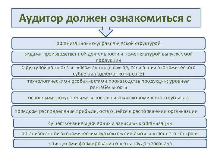 Аудитор должен ознакомиться с: организационно-управленческой структурой видами производственной деятельности и номенклатурой выпускаемой продукции структурой