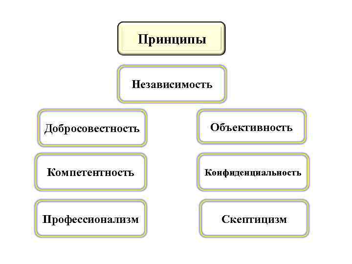 Принципы Независимость Добросовестность Объективность Компетентность Конфиденциальность Профессионализм Скептицизм 