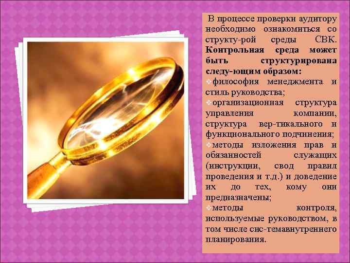 В процессе проверки аудитору необходимо ознакомиться со структу рой среды СВК. Контрольная среда может