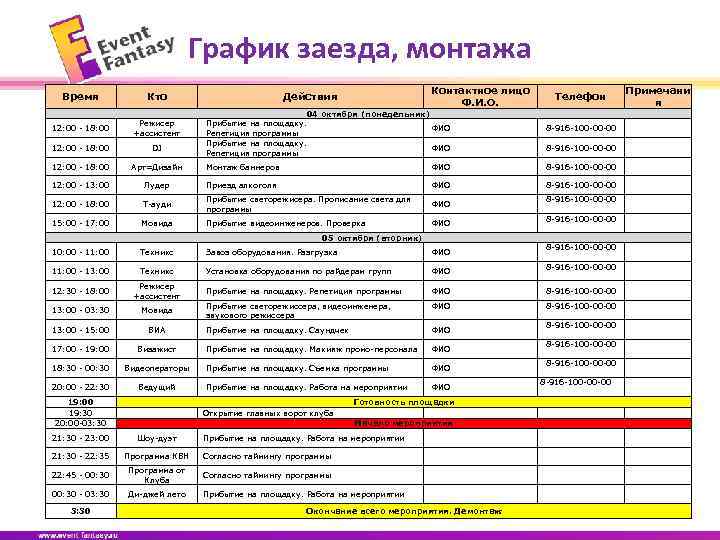 График заезда, монтажа Контактное лицо Ф. И. О. Действия Телефон Примечани я Время Кто