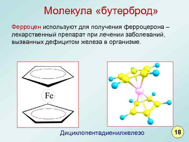 Молекула «бутерброд» Ферроцен используют для получения ферроцерона – лекарственный препарат при лечении заболеваний, вызванных