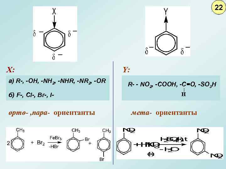 22 X: а) R-, -OH, -NH 2, -NHR, -NR 2, -OR б) F-, Cl-,