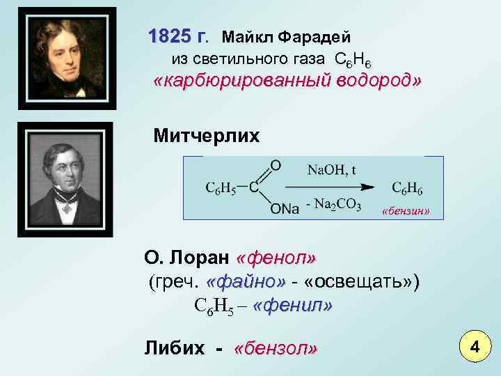 1825 г. Майкл Фарадей из светильного газа С 6 Н 6 «карбюрированный водород» Митчерлих