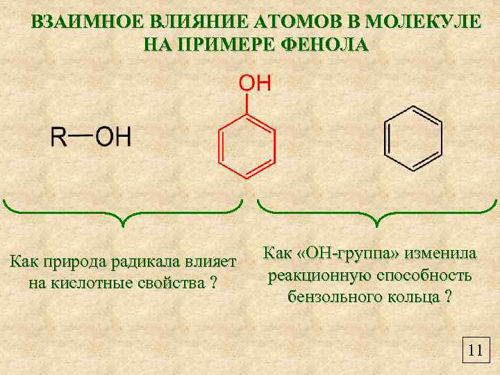 ВЗАИМНОЕ ВЛИЯНИЕ АТОМОВ В МОЛЕКУЛЕ НА ПРИМЕРЕ ФЕНОЛА Как природа радикала влияет на кислотные