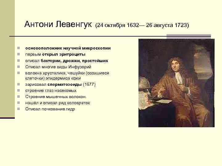 Антони Левенгук n n n n n (24 октября 1632— 26 августа 1723) основоположник