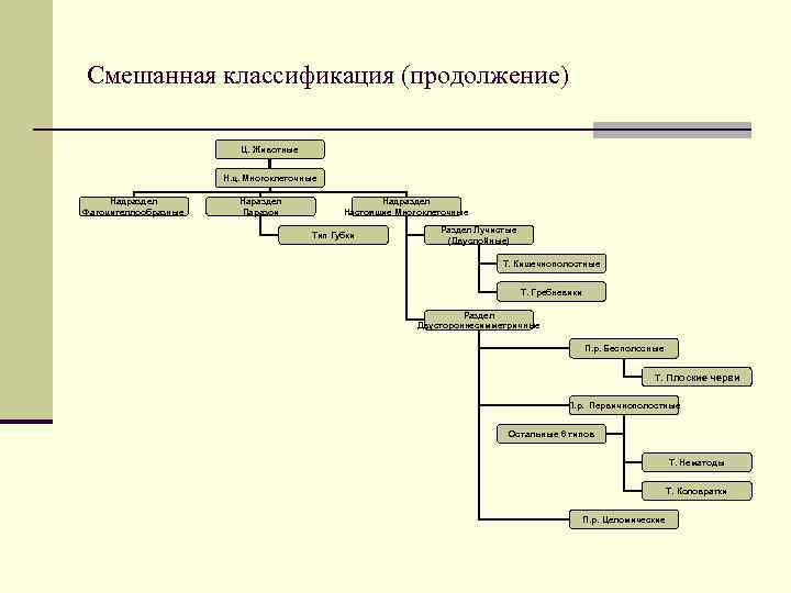 Смешанная классификация (продолжение) Ц. Животные Н. ц. Многоклеточные Надраздел Фагоцителлообразные Нараздел Паразои Надраздел Настоящие