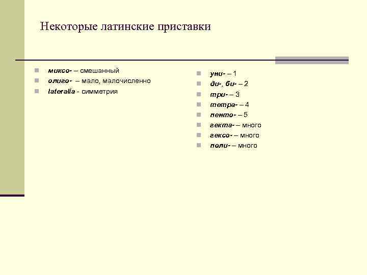 Некоторые латинские приставки n n n миксо- – смешанный олиго- – мало, малочисленно lateralia