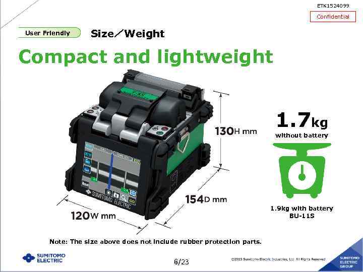 ETK 1524099 Confidential User Friendly Size／Weight Compact and lightweight 1. 7 kg without battery