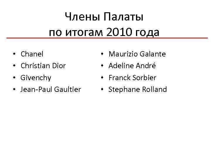 Члены Палаты по итогам 2010 года • • Chanel Christian Dior Givenchy Jean-Paul Gaultier
