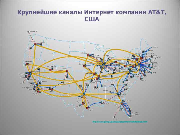 Крупнейшие каналы Интернет компании AT&T, США http: //www. geog. ucl. ac. uk/casa/martin/atlas. html 