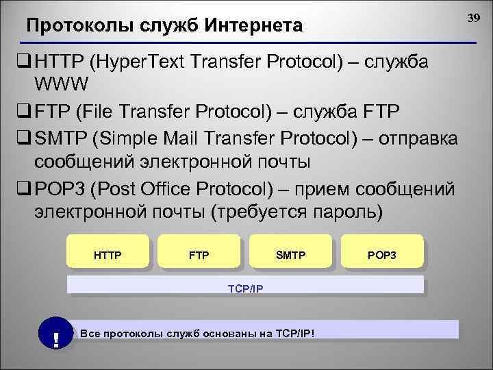 39 Протоколы служб Интернета q HTTP (Hyper. Text Transfer Protocol) – служба WWW q