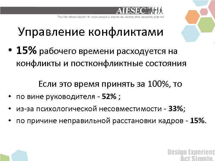 Управление конфликтами • 15% рабочего времени расходуется на конфликты и постконфликтные состояния Если это