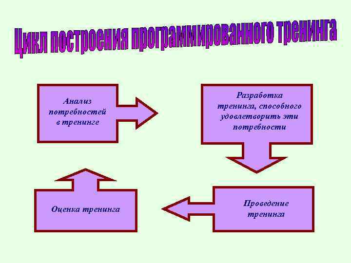 Анализ потребностей в тренинге Оценка тренинга Разработка тренинга, способного удовлетворить эти потребности Проведение тренинга