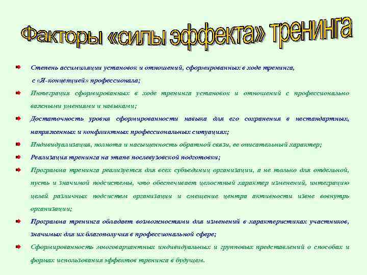 Степень ассимиляции установок и отношений, сформированных в ходе тренинга, с «Я-концепцией» профессионала; Интеграция сформированных