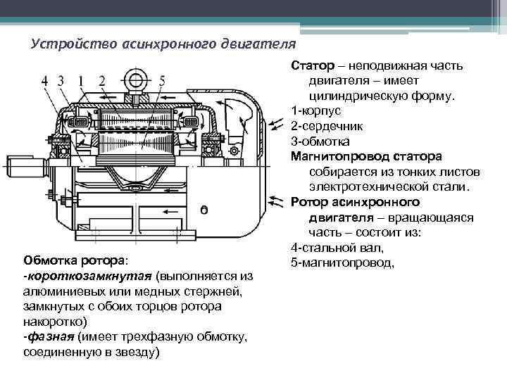 Устройство асинхронного двигателя Обмотка ротора: -короткозамкнутая (выполняется из алюминиевых или медных стержней, замкнутых с
