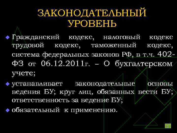 ЗАКОНОДАТЕЛЬНЫЙ УРОВЕНЬ u Гражданский кодекс, налоговый кодекс трудовой кодекс, таможенный кодекс, система федеральных законов