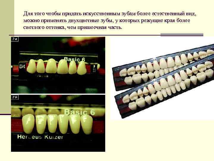 Для того чтобы придать искусственным зубам более естественный вид, можно применять двухцветные зубы, у