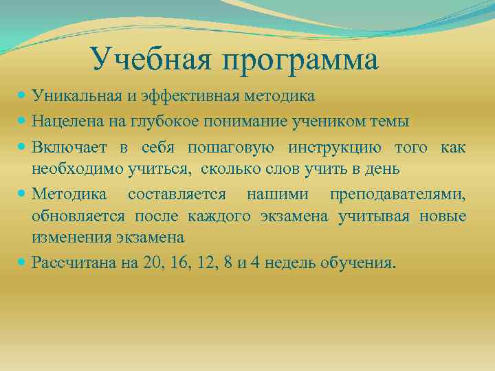 Учебная программа Уникальная и эффективная методика Нацелена на глубокое понимание учеником темы Включает в