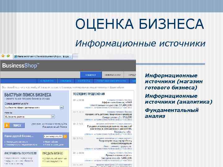 ОЦЕНКА БИЗНЕСА Информационные источники (магазин готового бизнеса) Информационные источники (аналитика) Фундаментальный анализ 