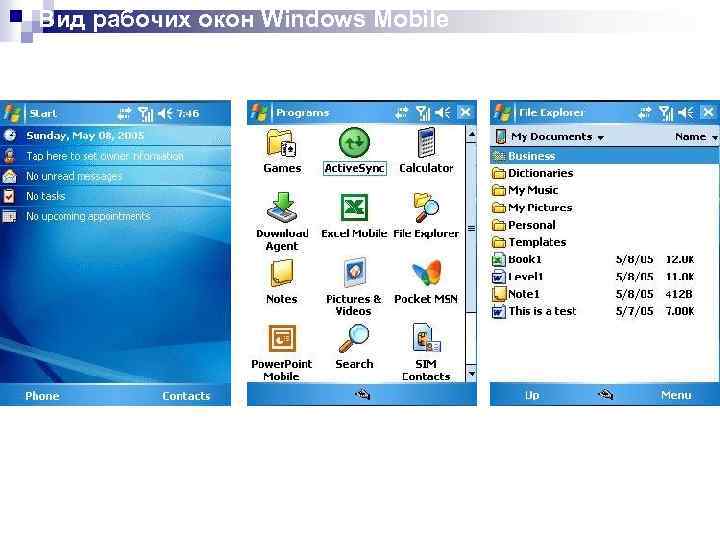 Вид рабочих окон Windows Mobile 