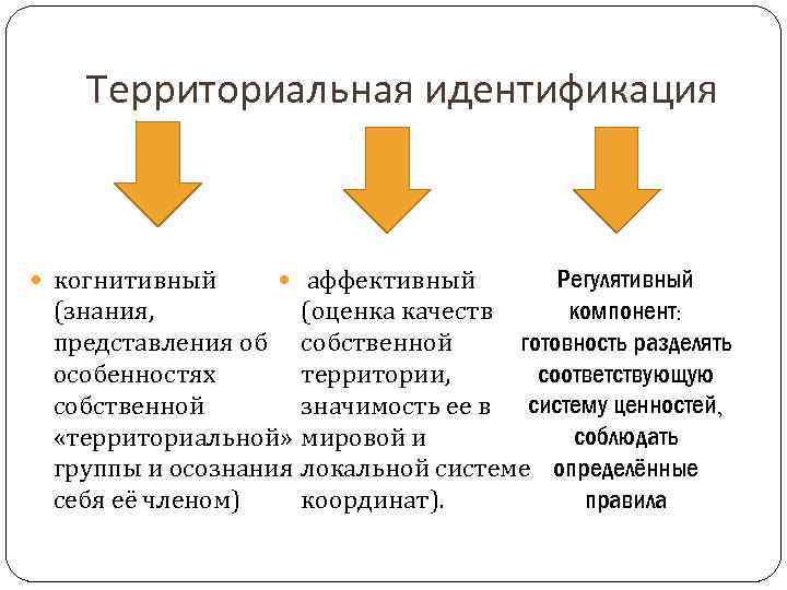 Территориальная идентификация когнитивный аффективный Регулятивный компонент: (знания, (оценка качеств готовность разделять представления об собственной