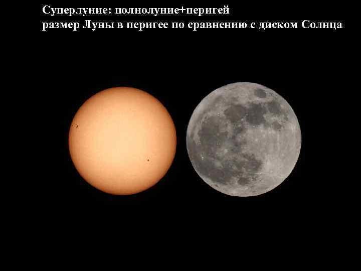 Суперлуние: полнолуние+перигей размер Луны в перигее по сравнению с диском Солнца 