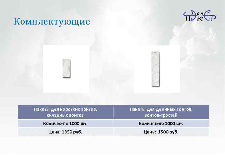 Комплектующие Пакеты для коротких зонтов, складных зонтов Пакеты для длинных зонтов, зонтов-тростей Количество 1000