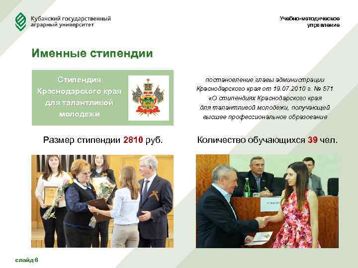 Учебно-методическое управление Именные стипендии Стипендия Краснодарского края для талантливой молодежи Размер стипендии 2810 руб.