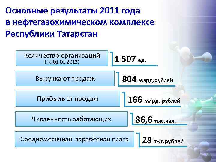 Основные результаты 2011 года в нефтегазохимическом комплексе Республики Татарстан Количество организаций (на 01. 2012)