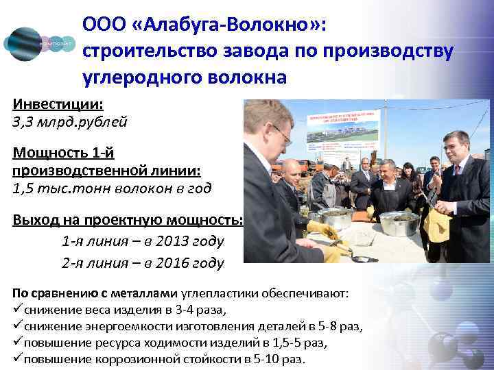 ООО «Алабуга-Волокно» : строительство завода по производству углеродного волокна Инвестиции: 3, 3 млрд. рублей