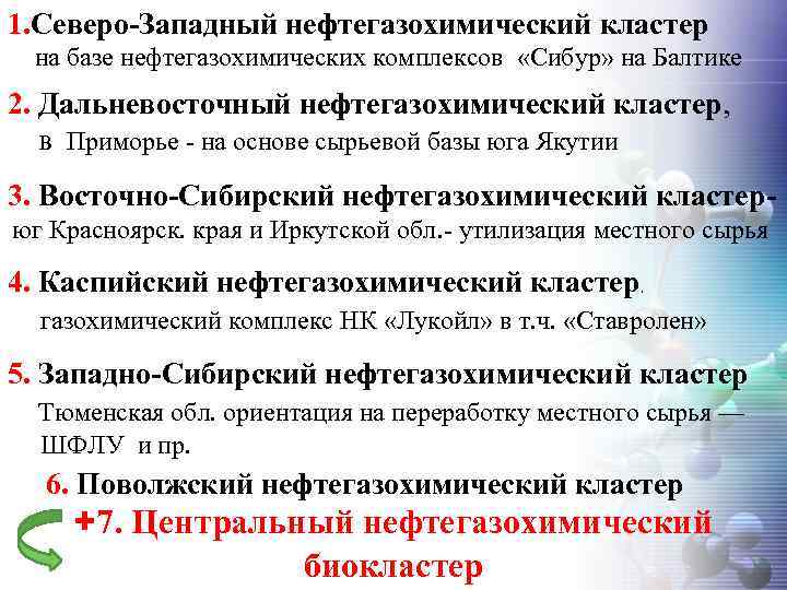 1. Северо-Западный нефтегазохимический кластер на базе нефтегазохимических комплексов «Сибур» на Балтике 2. Дальневосточный нефтегазохимический