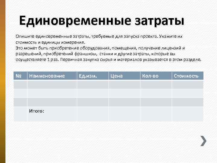 Единовременные затраты Опишите единовременные затраты, требуемые для запуска проекта. Укажите их стоимость и единицы