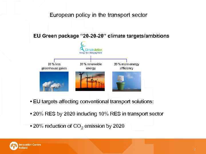 European policy in the transport sector EU Green package “ 20 -20 -20” climate