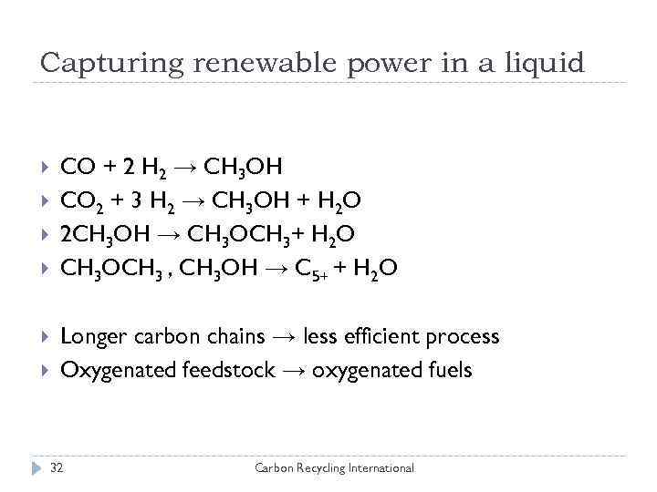 Capturing renewable power in a liquid CO + 2 H 2 → CH 3