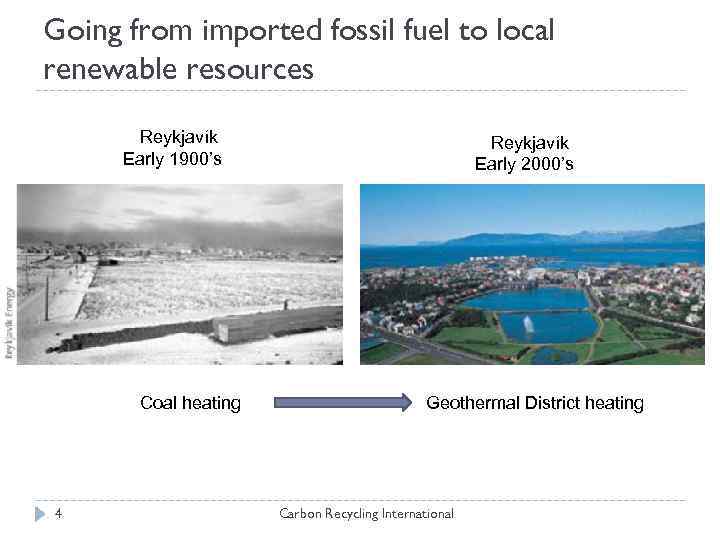Going from imported fossil fuel to local renewable resources Reykjavík Early 1900’s Coal heating