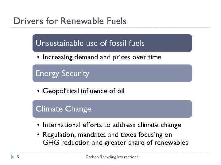 Drivers for Renewable Fuels Unsustainable use of fossil fuels • Increasing demand prices over