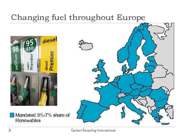 Changing fuel throughout Europe Mandated 3%-7% share of Renewables Carbon Recycling International 
