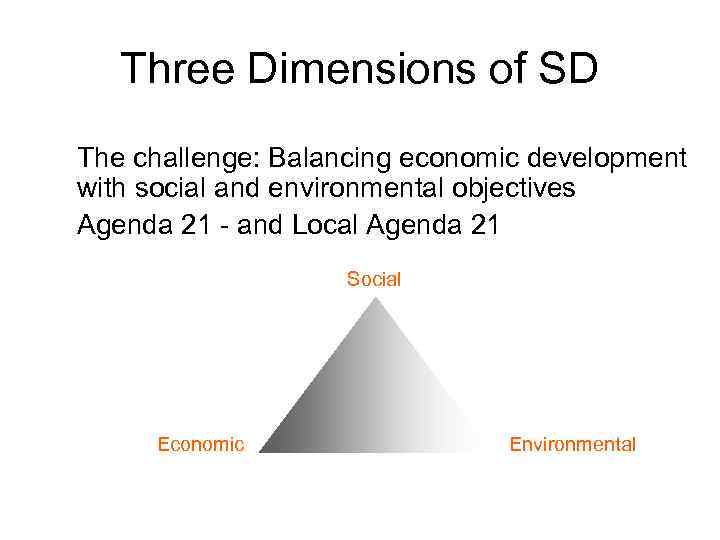 Three Dimensions of SD The challenge: Balancing economic development with social and environmental objectives