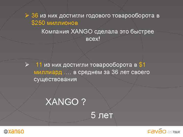 Ø 36 из них достигли годового товарооборота в $250 миллионов Компания XANGO сделала это