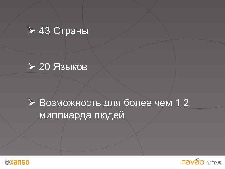 Ø 43 Страны Ø 20 Языков Ø Возможность для более чем 1. 2 миллиарда