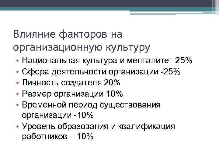 Влияние факторов на организационную культуру • • • Национальная культура и менталитет 25% Сфера