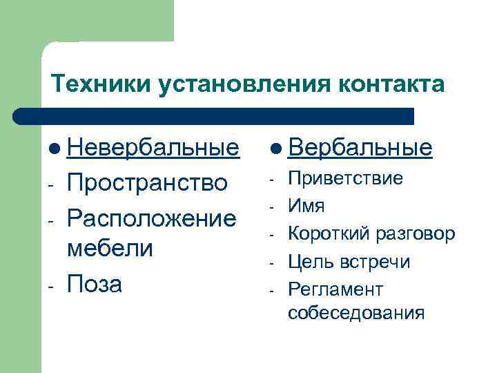 Техники установления контакта l Невербальные - Пространство Расположение мебели Поза l Вербальные - Приветствие