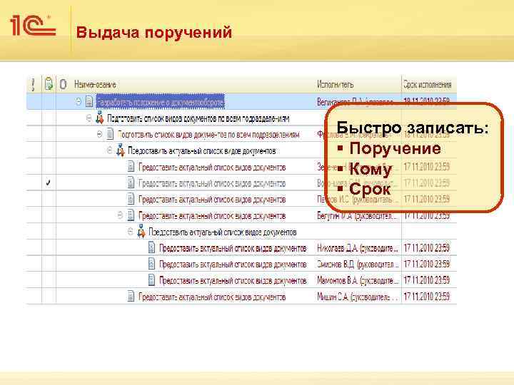 Выдача поручений Быстро записать: § Поручение § Кому § Срок 