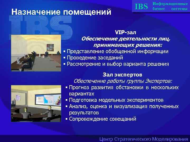 Назначение помещений IBS Информационные бизнес системы VIP-зал Обеспечение деятельности лиц, принимающих решения: § Представление